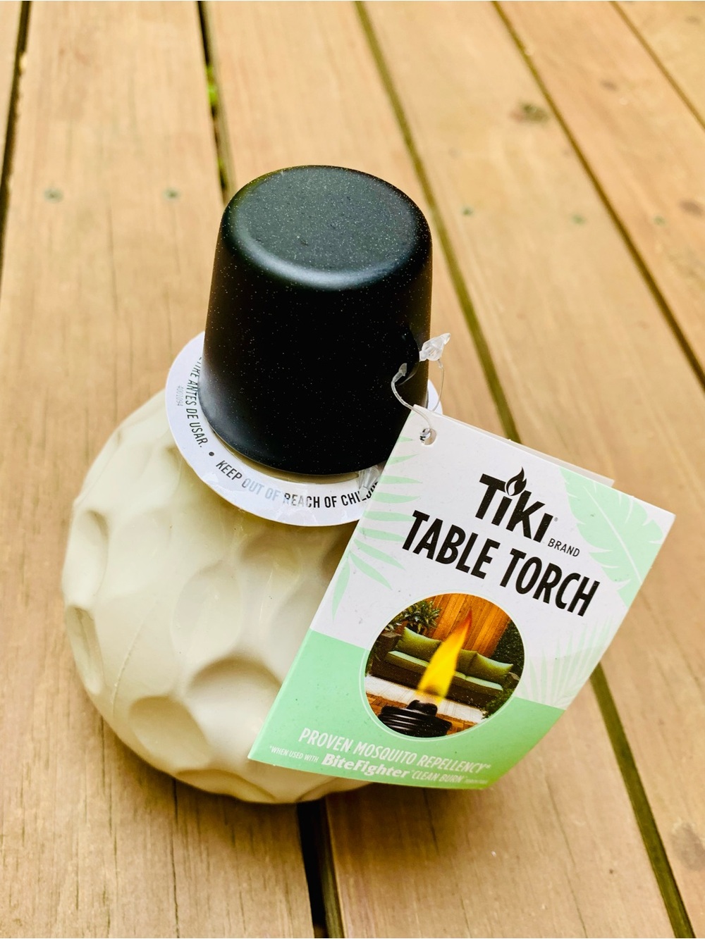 Tiki Table Torch - Cream Textured Ceramic with Black Cap